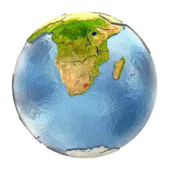 Lesotho highlighted in red on Earth. 3D illustration with highly detailed realistic planet surface isolated on white background. Elements of this image furnished by NASA.