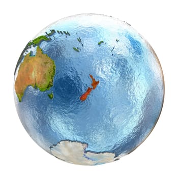 New Zealand highlighted in red on Earth. 3D illustration with highly detailed realistic planet surface isolated on white background. Elements of this image furnished by NASA.