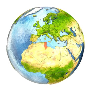 Tunisia highlighted in red on Earth. 3D illustration with highly detailed realistic planet surface isolated on white background. Elements of this image furnished by NASA.