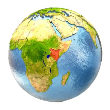 Kenya highlighted in red on Earth. 3D illustration with highly detailed realistic planet surface isolated on white background. Elements of this image furnished by NASA.