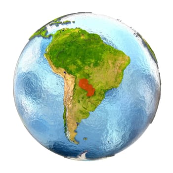 Paraguay highlighted in red on Earth. 3D illustration with highly detailed realistic planet surface isolated on white background. Elements of this image furnished by NASA.
