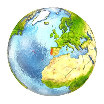 Portugal highlighted in red on Earth. 3D illustration with highly detailed realistic planet surface isolated on white background. Elements of this image furnished by NASA.