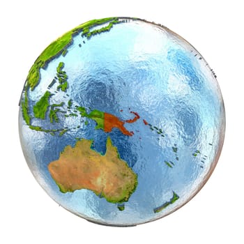 Papua New Guinea highlighted in red on Earth. 3D illustration with highly detailed realistic planet surface isolated on white background. Elements of this image furnished by NASA.