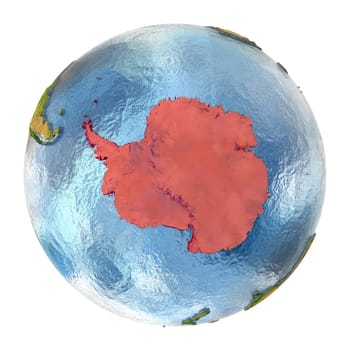 Antarctica highlighted in red on Earth. 3D illustration with highly detailed realistic planet surface isolated on white background. Elements of this image furnished by NASA.