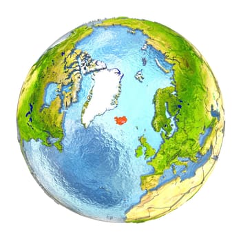 Iceland highlighted in red on Earth. 3D illustration with highly detailed realistic planet surface isolated on white background. Elements of this image furnished by NASA.