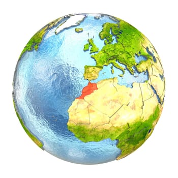 Morocco highlighted in red on Earth. 3D illustration with highly detailed realistic planet surface isolated on white background. Elements of this image furnished by NASA.