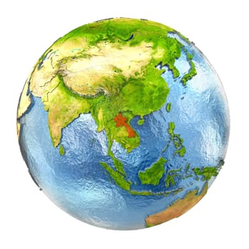 Laos highlighted in red on Earth. 3D illustration with highly detailed realistic planet surface isolated on white background. Elements of this image furnished by NASA.