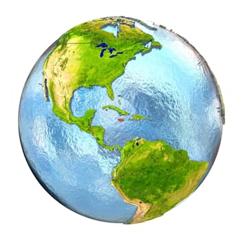 Jamaica highlighted in red on Earth. 3D illustration with highly detailed realistic planet surface isolated on white background. Elements of this image furnished by NASA.