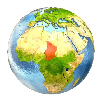 Chad highlighted in red on Earth. 3D illustration with highly detailed realistic planet surface isolated on white background. Elements of this image furnished by NASA.