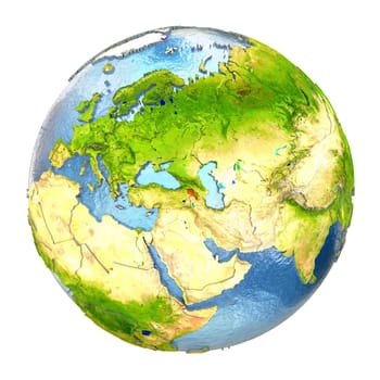Armenia highlighted in red on Earth. 3D illustration with highly detailed realistic planet surface isolated on white background. Elements of this image furnished by NASA.