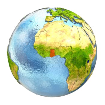 Ghana highlighted in red on Earth. 3D illustration with highly detailed realistic planet surface isolated on white background. Elements of this image furnished by NASA.