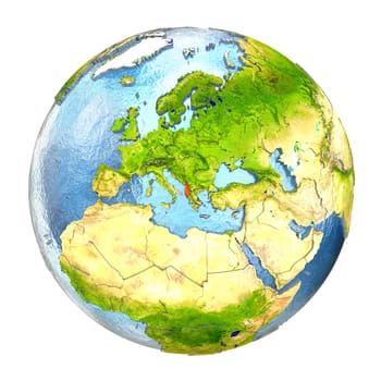 Albania highlighted in red on Earth. 3D illustration with highly detailed realistic planet surface isolated on white background. Elements of this image furnished by NASA.