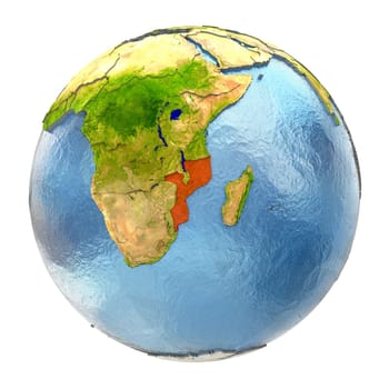 Mozambique highlighted in red on Earth. 3D illustration with highly detailed realistic planet surface isolated on white background. Elements of this image furnished by NASA.