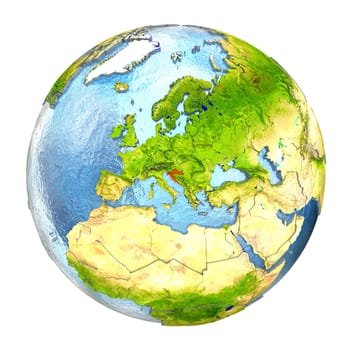 Croatia highlighted in red on Earth. 3D illustration with highly detailed realistic planet surface isolated on white background. Elements of this image furnished by NASA.