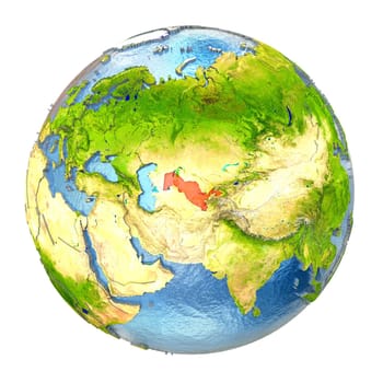 Uzbekistan highlighted in red on Earth. 3D illustration with highly detailed realistic planet surface isolated on white background. Elements of this image furnished by NASA.