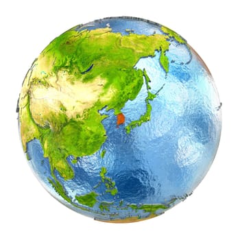 South Korea highlighted in red on Earth. 3D illustration with highly detailed realistic planet surface isolated on white background. Elements of this image furnished by NASA.