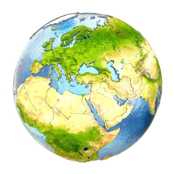 Cyprus highlighted in red on Earth. 3D illustration with highly detailed realistic planet surface isolated on white background. Elements of this image furnished by NASA.