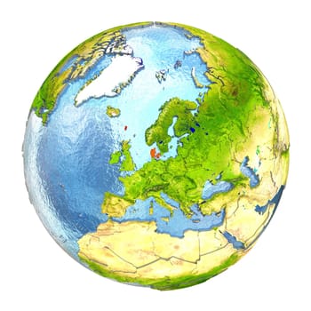 Denmark highlighted in red on Earth. 3D illustration with highly detailed realistic planet surface isolated on white background. Elements of this image furnished by NASA.