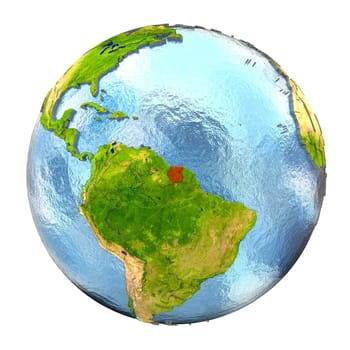 Suriname highlighted in red on Earth. 3D illustration with highly detailed realistic planet surface isolated on white background. Elements of this image furnished by NASA.