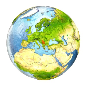 Serbia highlighted in red on Earth. 3D illustration with highly detailed realistic planet surface isolated on white background. Elements of this image furnished by NASA.