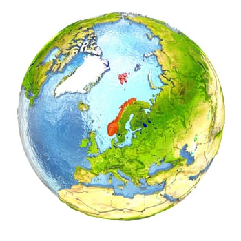 Norway highlighted in red on Earth. 3D illustration with highly detailed realistic planet surface isolated on white background. Elements of this image furnished by NASA.