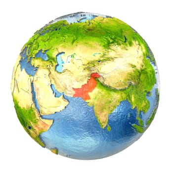 Pakistan highlighted in red on Earth. 3D illustration with highly detailed realistic planet surface isolated on white background. Elements of this image furnished by NASA.