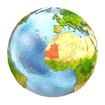 Mauritania highlighted in red on Earth. 3D illustration with highly detailed realistic planet surface isolated on white background. Elements of this image furnished by NASA.