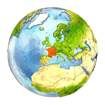 France highlighted in red on Earth. 3D illustration with highly detailed realistic planet surface isolated on white background. Elements of this image furnished by NASA.