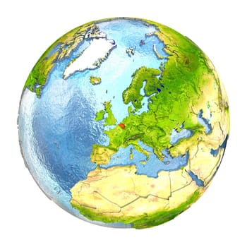 Belgium highlighted in red on Earth. 3D illustration with highly detailed realistic planet surface isolated on white background. Elements of this image furnished by NASA.