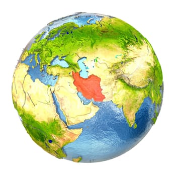 Iran highlighted in red on Earth. 3D illustration with highly detailed realistic planet surface isolated on white background. Elements of this image furnished by NASA.