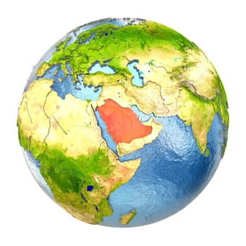 Saudi Arabia highlighted in red on Earth. 3D illustration with highly detailed realistic planet surface isolated on white background. Elements of this image furnished by NASA.