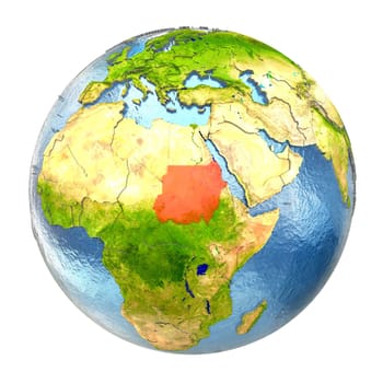 Sudan highlighted in red on Earth. 3D illustration with highly detailed realistic planet surface isolated on white background. Elements of this image furnished by NASA.