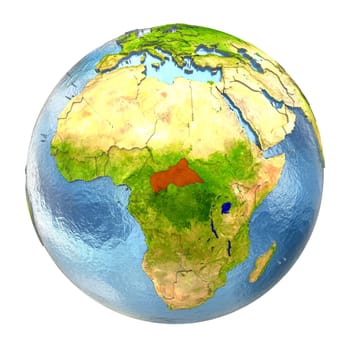 Central Africa highlighted in red on Earth. 3D illustration with highly detailed realistic planet surface isolated on white background. Elements of this image furnished by NASA.