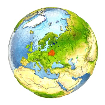Belarus highlighted in red on Earth. 3D illustration with highly detailed realistic planet surface isolated on white background. Elements of this image furnished by NASA.