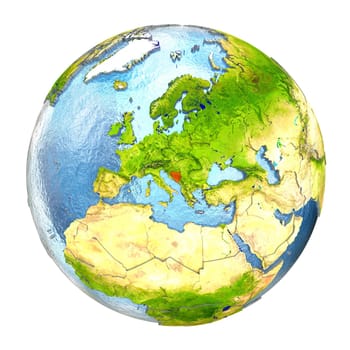Bosnia highlighted in red on Earth. 3D illustration with highly detailed realistic planet surface isolated on white background. Elements of this image furnished by NASA.