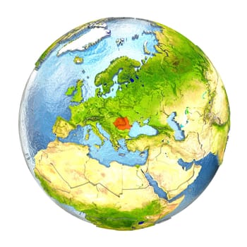 Romania highlighted in red on Earth. 3D illustration with highly detailed realistic planet surface isolated on white background. Elements of this image furnished by NASA.