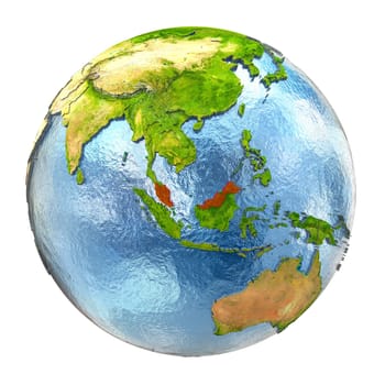 Malaysia highlighted in red on Earth. 3D illustration with highly detailed realistic planet surface isolated on white background. Elements of this image furnished by NASA.