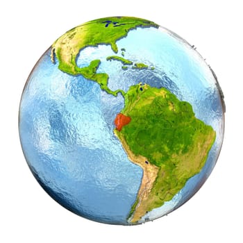 Ecuador highlighted in red on Earth. 3D illustration with highly detailed realistic planet surface isolated on white background. Elements of this image furnished by NASA.