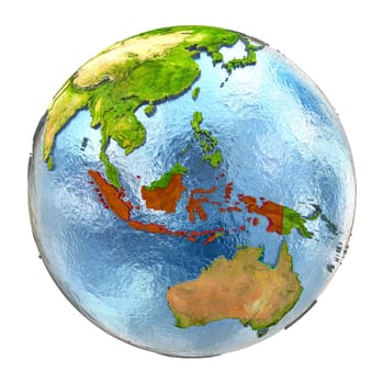 Indonesia highlighted in red on Earth. 3D illustration with highly detailed realistic planet surface isolated on white background. Elements of this image furnished by NASA.