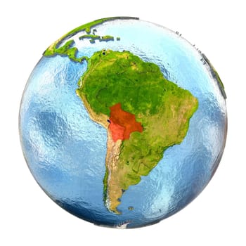 Bolivia highlighted in red on Earth. 3D illustration with highly detailed realistic planet surface isolated on white background. Elements of this image furnished by NASA.