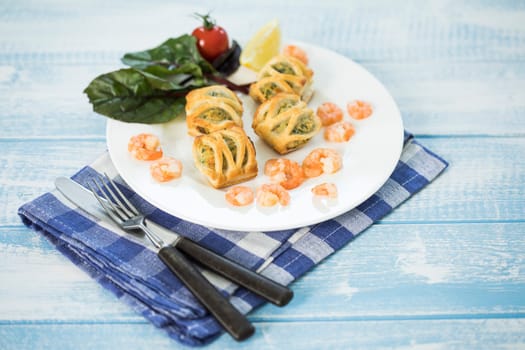 puff pastry filled with salmon & spinach,shrimp and cream cheese,fresh spinach