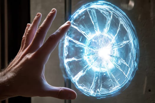 A close-up of a human hand reaching toward a glowing sphere with a cracked surface. This striking image captures the blend of technology and interaction, evoking curiosity and wonder.