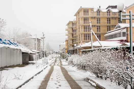 Vityazevo, Russia - January 9, 2017: The passage to the sea and empty streets in the winter in the resort village Vityazevo, Krasnodar region