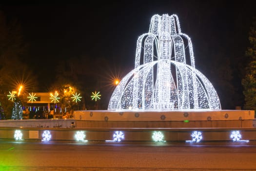 Anapa, Russia - January 7, 2017: Night view of the fountain at the resort town of Anapa Administration during the New Year holidays