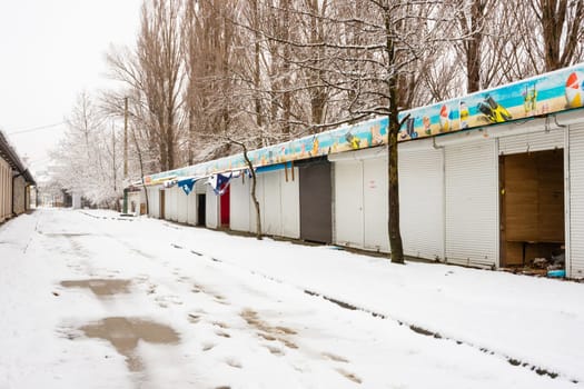 Vityazevo, Russia - January 9, 2017: View of the winter closed and looted halls on the way to the sea in the resort village Vityazevo, Krasnodar region
