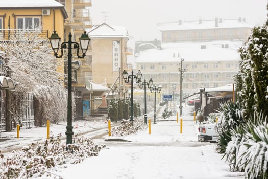 Vityazevo, Russia - January 9, 2017: Winter snowy urban landscape in the resort village Vityazevo, Krasnodar region