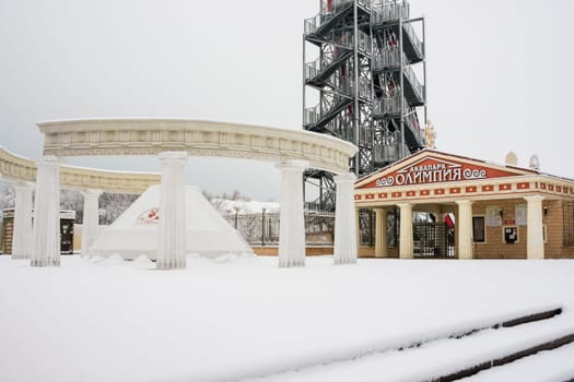 Vityazevo, Russia - January 9, 2017: View winter at the entrance to the water park "Olympia"" in the resort village Vityazevo, Krasnodar region"