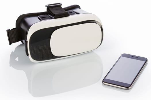 VR Glasses and smartphone with clipping path for screen isolated on white background.