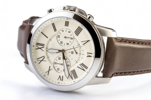 Men's luxury wrist watch on white background.