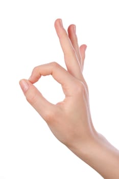 woman hand pointing up okay, yes, accepting hand sign to the side, studio isolated